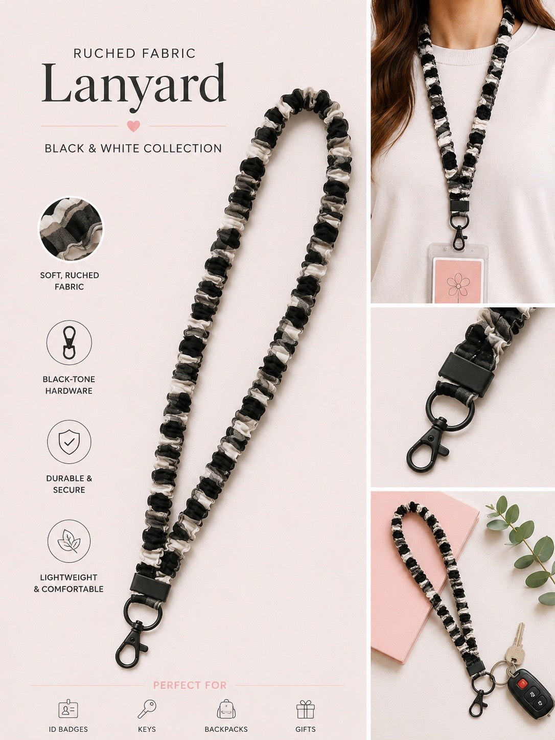 Lanyard - Black Gingham
